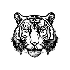 illustration of  tiger  head in style of linocut engraving, woodcut, black and white, white background.