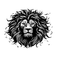 illustration of  lion head in style of linocut engraving, woodcut, black and white, white background.