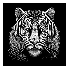 illustration of  tiger  head in style of linocut engraving, woodcut, black and white, white background.
