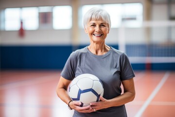 Portrait of smiling senior woman holding soccer ball in sports hall at home - Powered by Adobe
