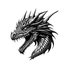myth animal dragon head in style of linocut engraving, woodcut, black and white, white background.