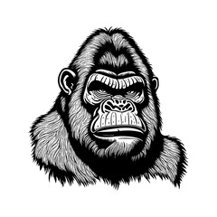 cartoon gorilla head in style of linocut engraving, woodcut, black and white, white background.