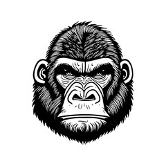 cartoon gorilla head in style of linocut engraving, woodcut, black and white, white background.