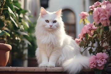 Cute white fluffy kitten of the Turkish Angora or Ragdoll breed. Cat with beautiful blue eyes in sunny day. Background with pet and flowers. Spring concept