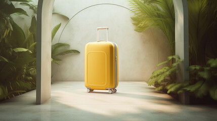 Yellow suitcase in front of a wall. Generative Ai