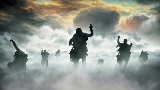 Zombies Silhouettes Fleeing a Nuclear Blast 4K features A.I. Generated silhouettes of zombies or walking dead walking toward the viewer with nuclear explosions in the background.