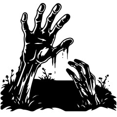 Fototapeta premium Zombie hands silhouette. Creepy zombie crooked lambs stick out of graveyard ground vector illustration