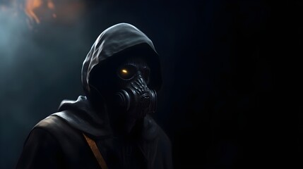 A Mysterious Figure in a Gas Mask and a Black Cloak Generative AI