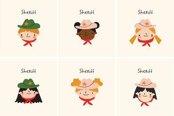 Set of Cards with Cartoon Cowboys and Hand Lettering. Children's Wild West Design. Western. 