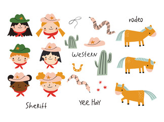 Set of Isolated Elements with Cartoon Cowboys, Snake, Cactus, Horses, Cowboy Hat, Lasso and Hand Lettering. Children's Wild West Design. Western. 