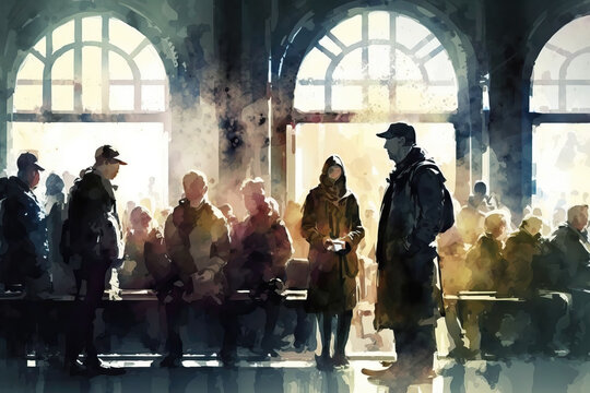 People Waiting At A Train Station, Aquarelle Style, Ai Generated