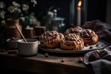  Coffee with cinnamon buns, homemade pastry in warm hygge style. AI generative