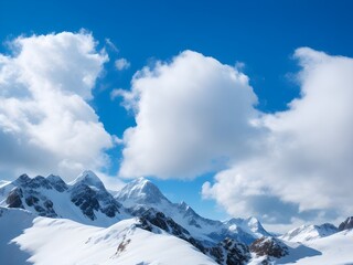 a view of a snowy mountain range with clouds and blue sky Generative AI