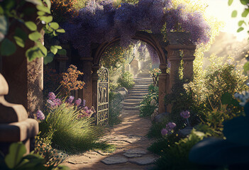 Beautiful landscape of summer garden with flower arch. AI Generated - obrazy, fototapety, plakaty