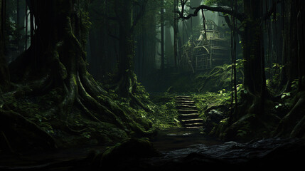 A path leading through a dark forest. Generative Ai