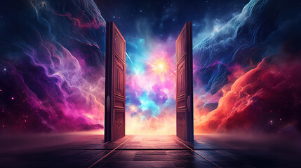 a door opening into a colorful galaxy. Generative Ai - obrazy, fototapety, plakaty