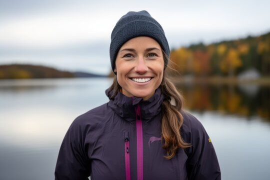 Portrait of a smiling young woman wearing warm sportswear and cap standing by a lake in autumn