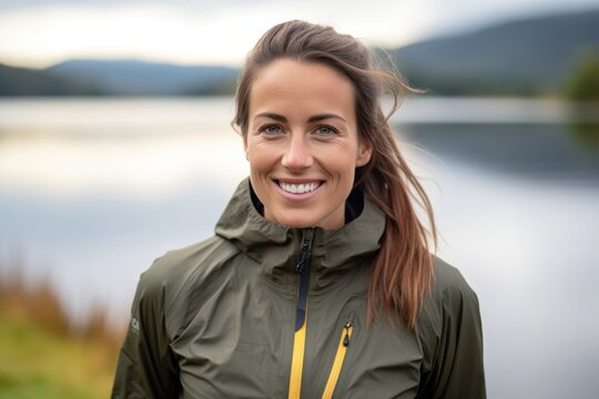 Portrait of a beautiful woman smiling at camera while standing by a lake