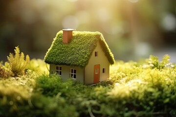 Tiny Abode Amidst Nature: Moss-Covered Roof in Woods (Generative AI)