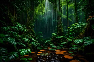 In the heart of a lush jungle, the rain and deluge descend in a torrential downpour - AI Generative