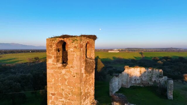 Ruined church near Navalmoral de la Mata. Aerial view at sunset from a dro. Navalmoral de la Mata. Caceres. Estremadura. Spain. Europe