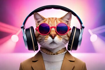Cool Cat in headphones and sunglasses listens to music with pink and white background in fashion style. Generative AI illustration, use it for news and youtube channel