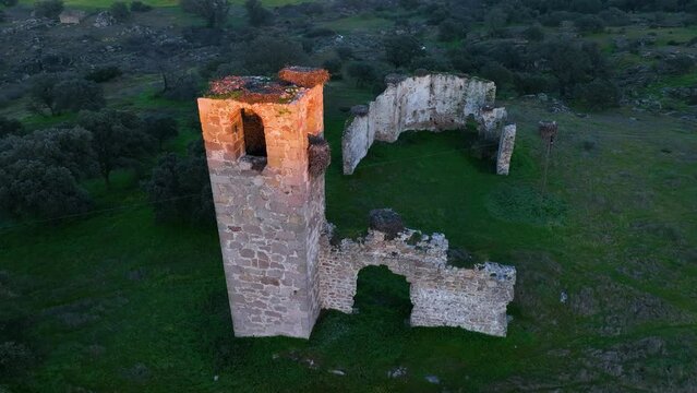 Ruined church near Navalmoral de la Mata. Aerial view at sunset from a dro. Navalmoral de la Mata. Caceres. Estremadura. Spain. Europe