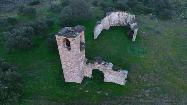 Ruined church near Navalmoral de la Mata. Aerial view at sunset from a dro. Navalmoral de la Mata. Caceres. Estremadura. Spain. Europe