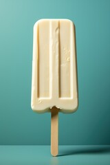 Lime vanilla popsicle on pastel blue background. Natural juicy lemon icecream on a stick. Homemade mint ice cream dessert. Modern summer concept. Place for text