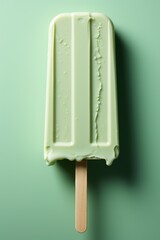 Lime vanilla popsicle on pastel green background. Natural juicy lemon icecream on a stick. Homemade mint ice cream dessert. Modern summer concept. Place for text
