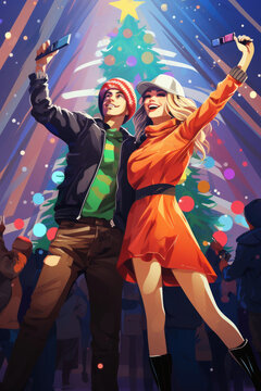 Illustration of girl and boy dancing at a rave Christmas party
