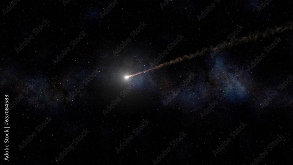 Poster meteor flying in deep space with smoke trail and stars. 3d rendering meteor asteroid, global threat 