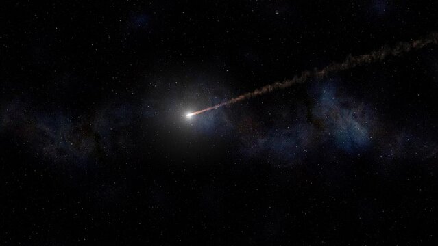 Meteor flying in deep space with smoke trail and stars.
3d rendering meteor asteroid, Global threat concept, sci fi, 2023

