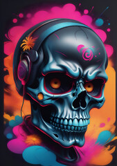 a close up of a skull with headphones on it