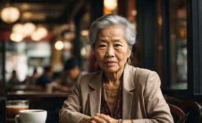 Old asian woman sitting in a coffee shop