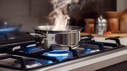 Stainless pan on the hob, cooking on a gas stove