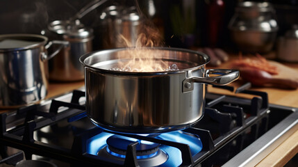 Stainless pan on the hob, cooking on a gas stove