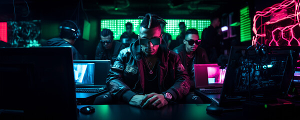cybersecurity team in neon-lit command center hackers and tech experts at workstations