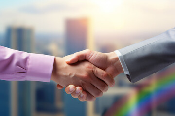business people shaking hands in the office - handshake, acquisition, teamwork, deal, suit, rainbow