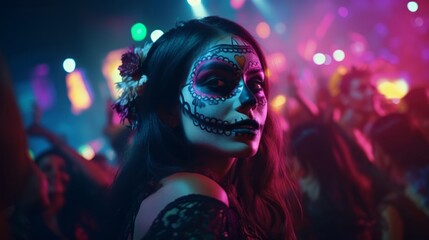 Beautiful young woman with sugar skull makeup dancing at a nightclub. Halloween party. Day of the...