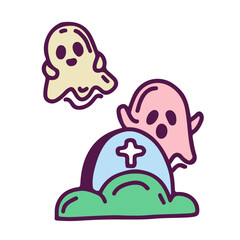 Halloween  illustration - ghosts, grave, hand and moon. Hand drawn illustration. Vector illustration.