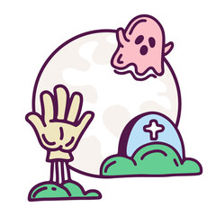 Halloween  illustration - ghosts, grave and moon. Hand drawn illustration. Vector illustration.