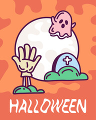 Halloween greeting card -  ghosts, grave hand and moon. Hand drawn illustration. Vector illustration.