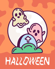 Halloween greeting cards -  ghosts, grave and moon. Hand drawn illustration. Vector illustration.