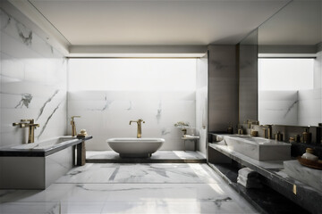 Fototapeta na wymiar Bathroom interior with mirror, comfortable bathtub and city view. Style and hygiene concept. 