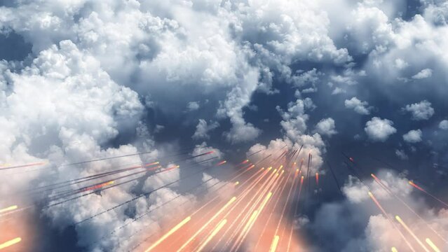 Burning Meteors or missiles above the clouds
Burning meteors falling from space to earth in fast speed with smoke trails, global threat concept, 2023

