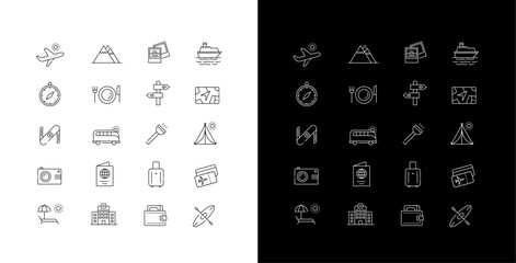 Travel essentials icons. Travel itinerary icons. Vacation line icons. Tourism vector icons. Adventure outline icons. 
Explore thin-line icons. Adventure outline icons. Editable Stroke.