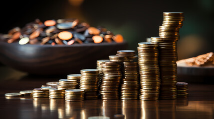 Economic Reflections: Coins on a Wooden Table Amidst Inflation