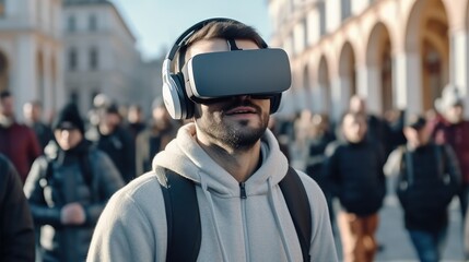 Portrait of gamer man wearing VR glasses outdoors.