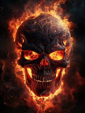 Burning skull with flames. Scary halloween image.